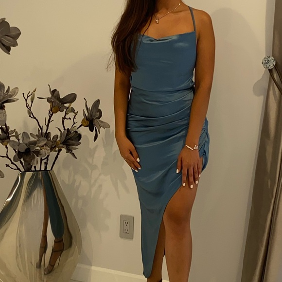 club l london blue dress Alayna Navy Long-Sleeve Maxi Dress With Ruffled Split – Club L London main image 1